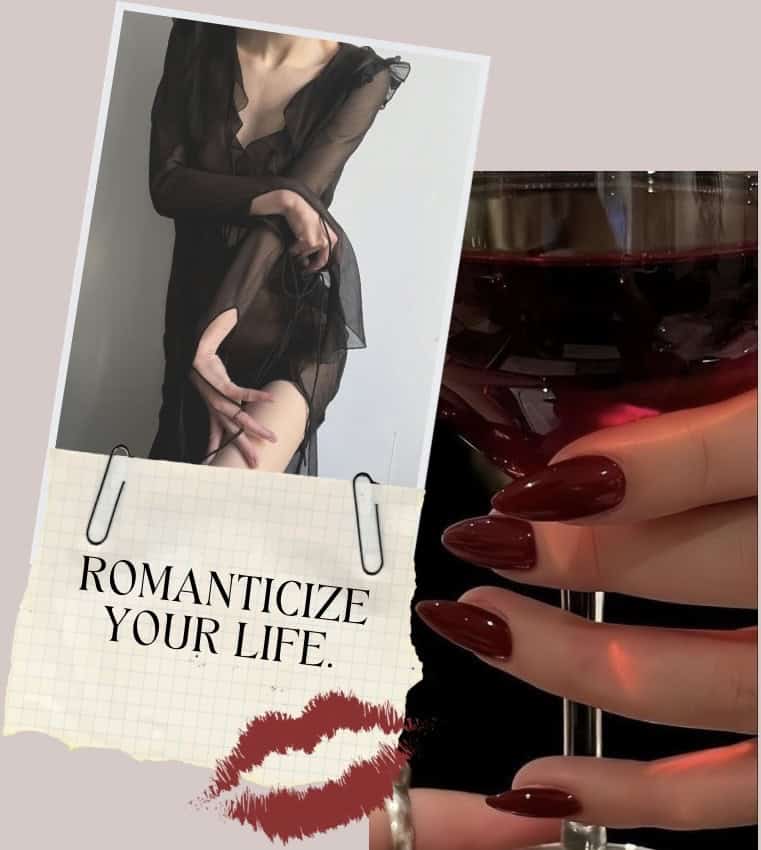 Glamorous woman in black sheer dress holding wine glass with lipstick mark and romantic quote.