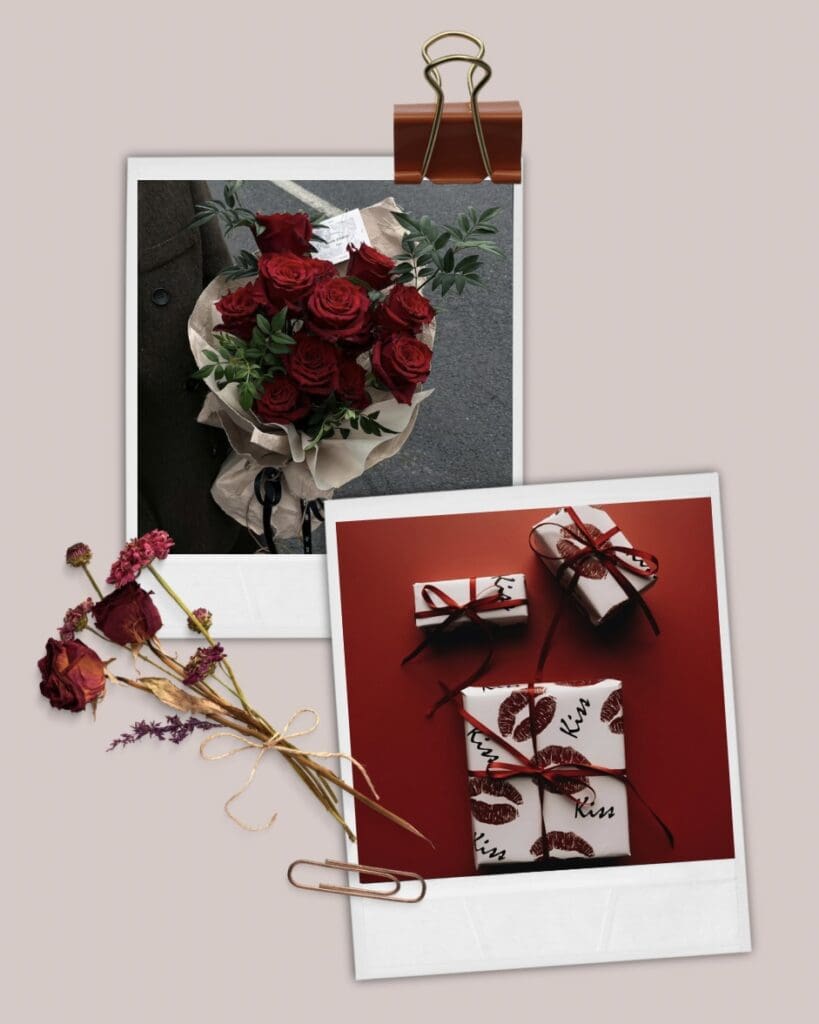 Red roses bouquet on gray background, romantic floral arrangement.