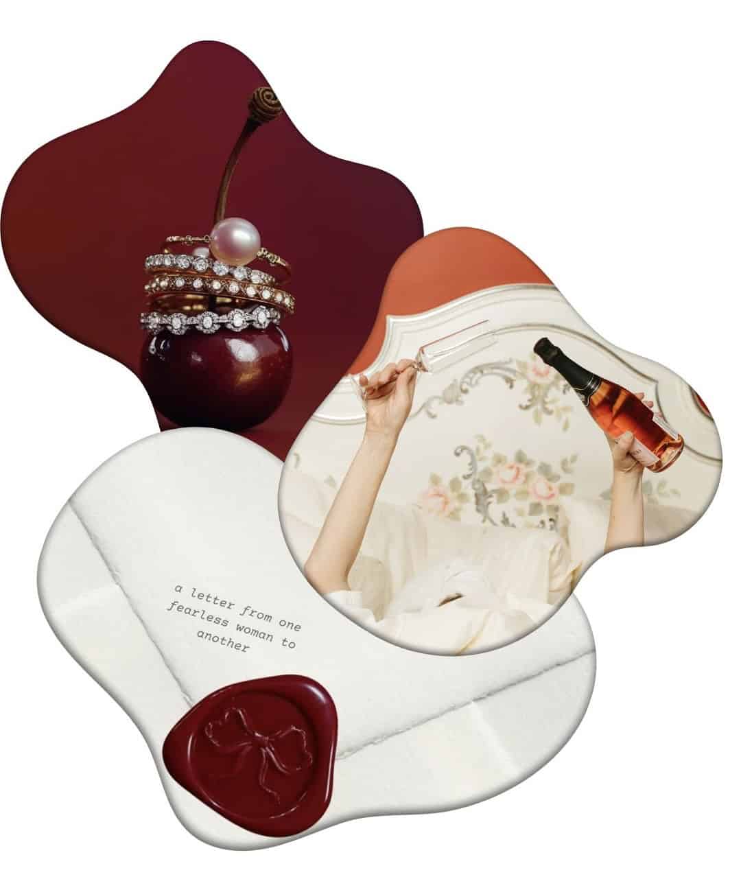 Cherry with jewelry and rings on top, decorative mirror, and love letter with wax seal and lipstick, styled for elegant fashion and jewelry blog.