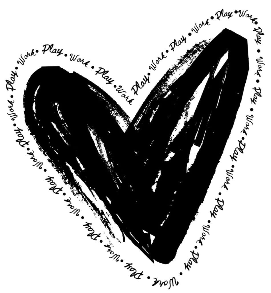 Doodle heart with "Play, Work, Woke, Play" text in a circular pattern around the outline. Stylish black and white illustration.