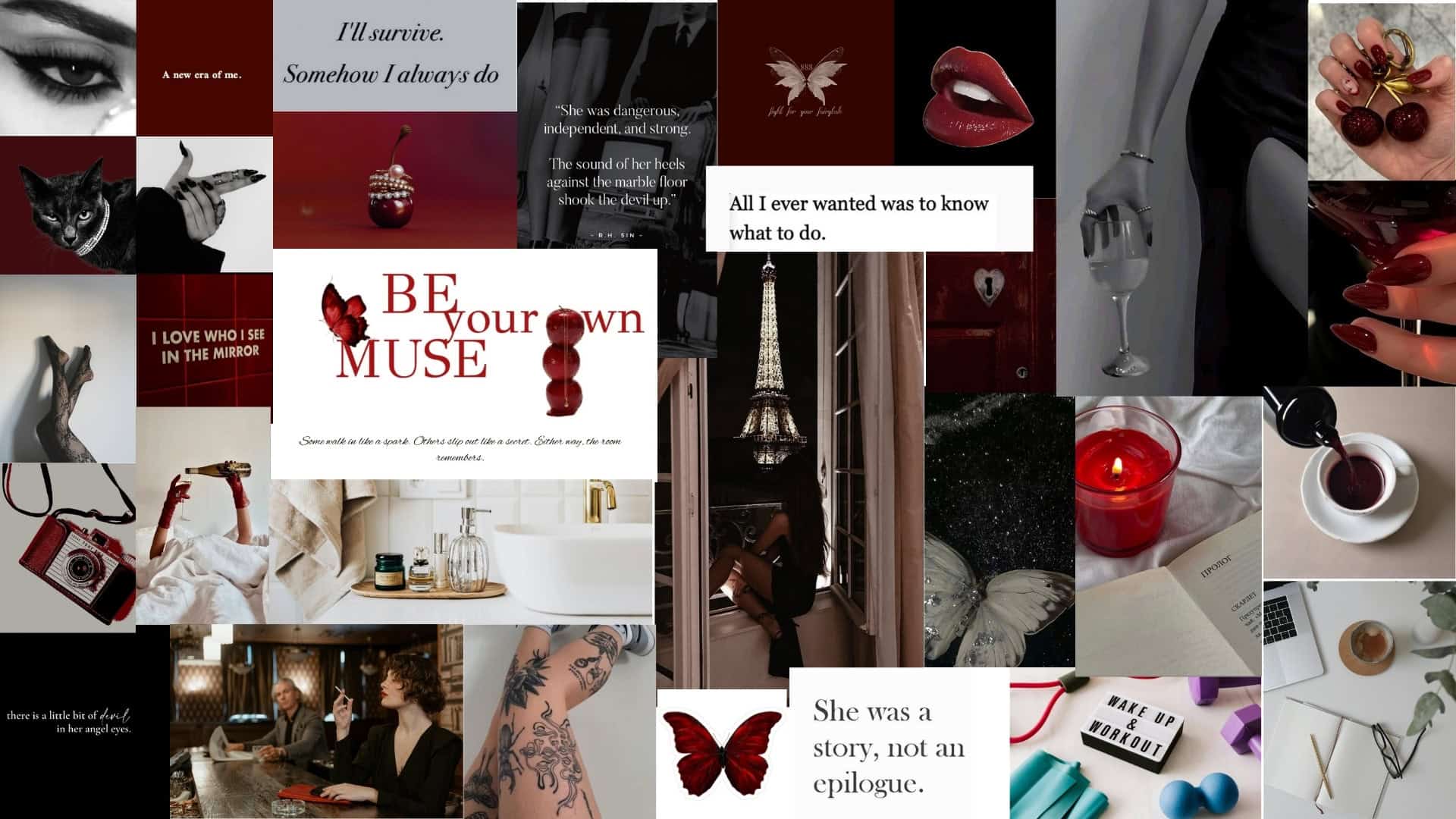 Chic geek collage with red accents emphasizing fashion, beauty, and lifestyle themes.