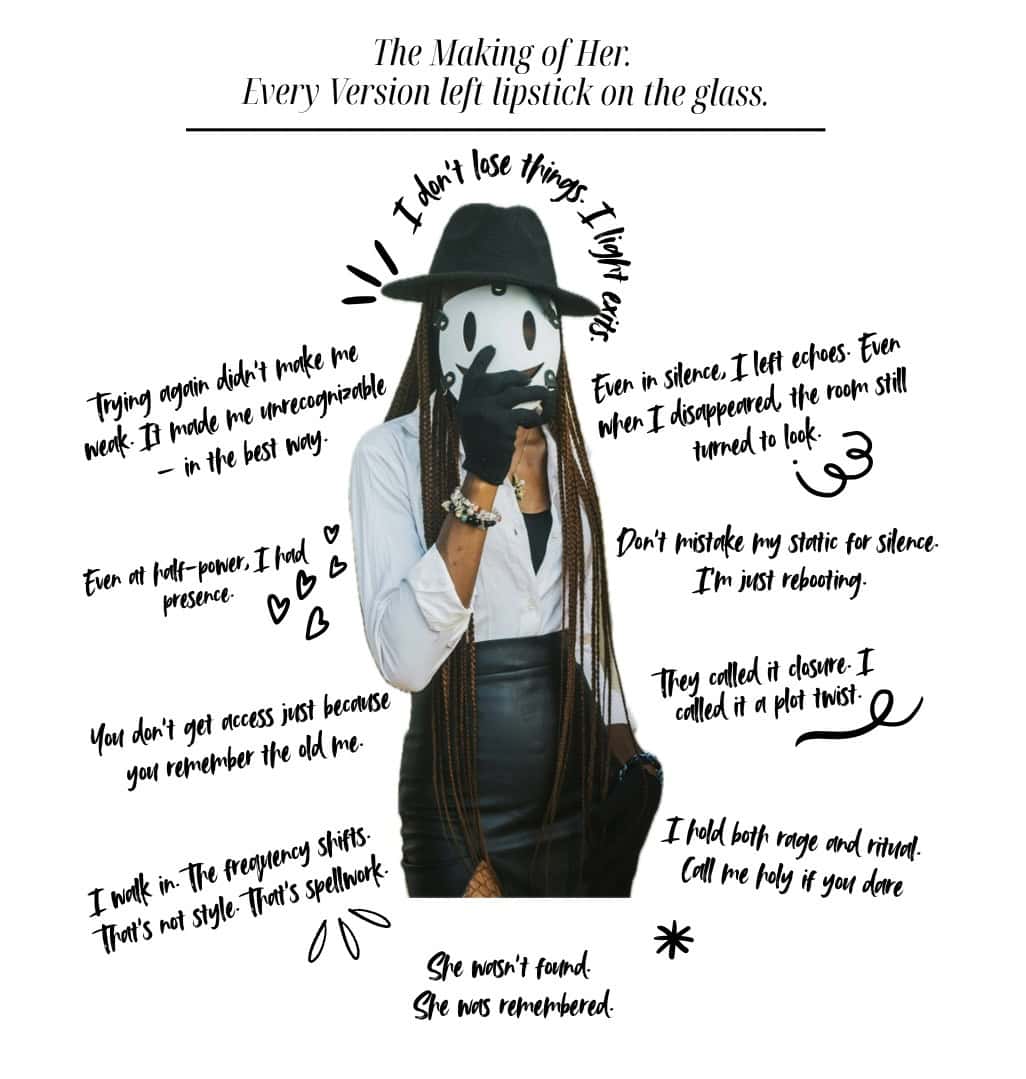 A masked person with long braids wearing a hat and black gloves, surrounded by handwritten poetic quotes.