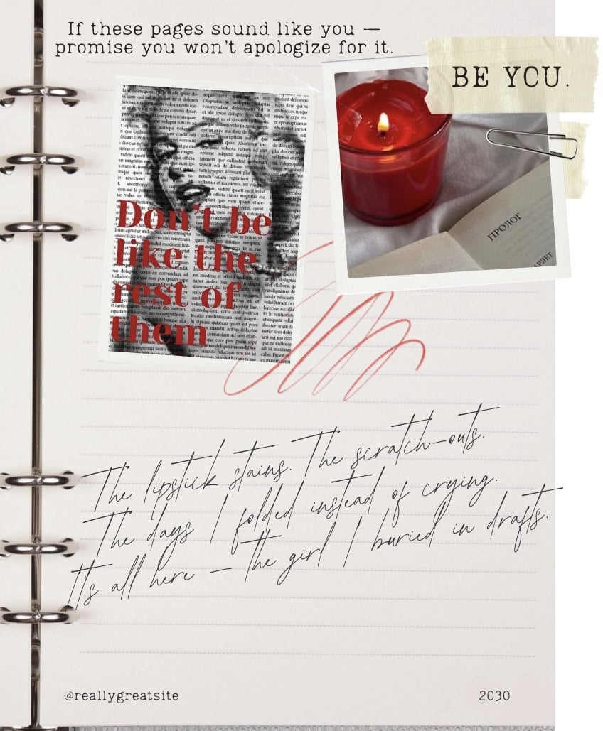 A motivational journal page with handwritten notes, a red candle, and inspirational quotes about self-love and authenticity.