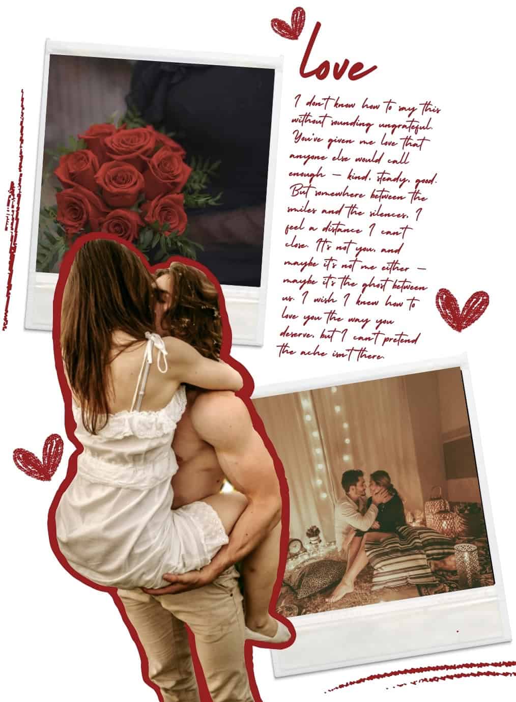 Collage of couple embracing, red roses, and handwritten love note — representing Asymmetry Ache, when two partners move at different speeds and drift apart.