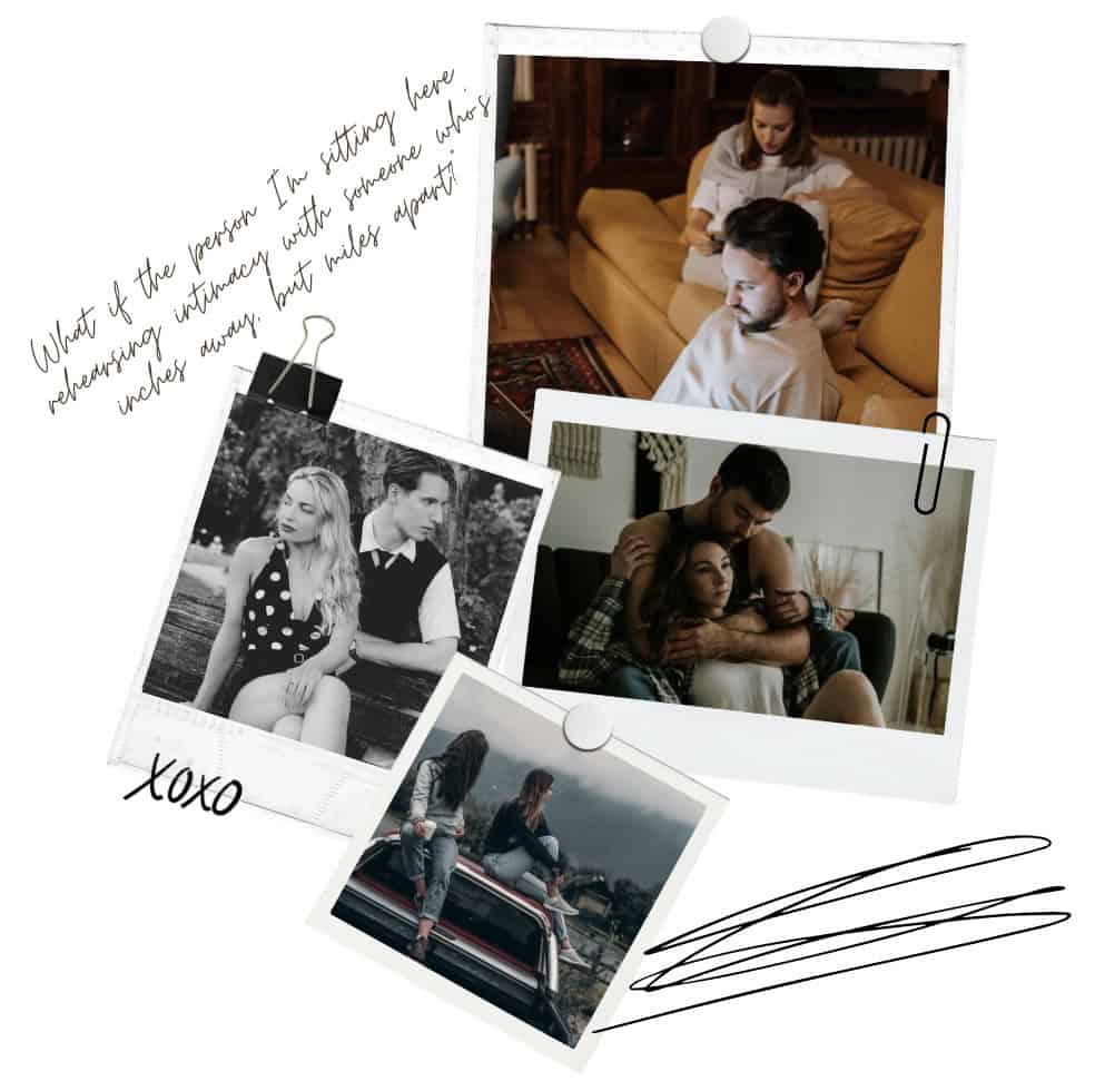 Polaroid collage of couples sitting apart, staring away, longing expressions — representing What-if Syndrome, the quiet whisper of wanting more in a relationship.