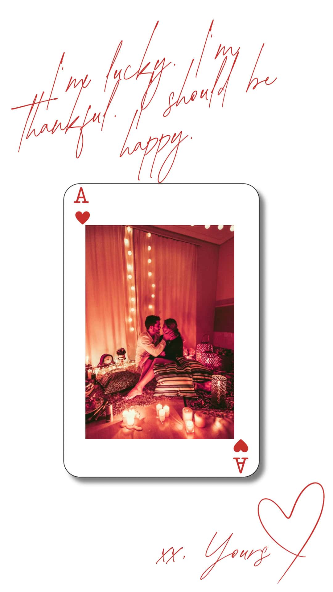 Playing card with romantic couple photo in glowing room — symbolizing the Gratitude Trap, when love feels like a debt instead of joy.