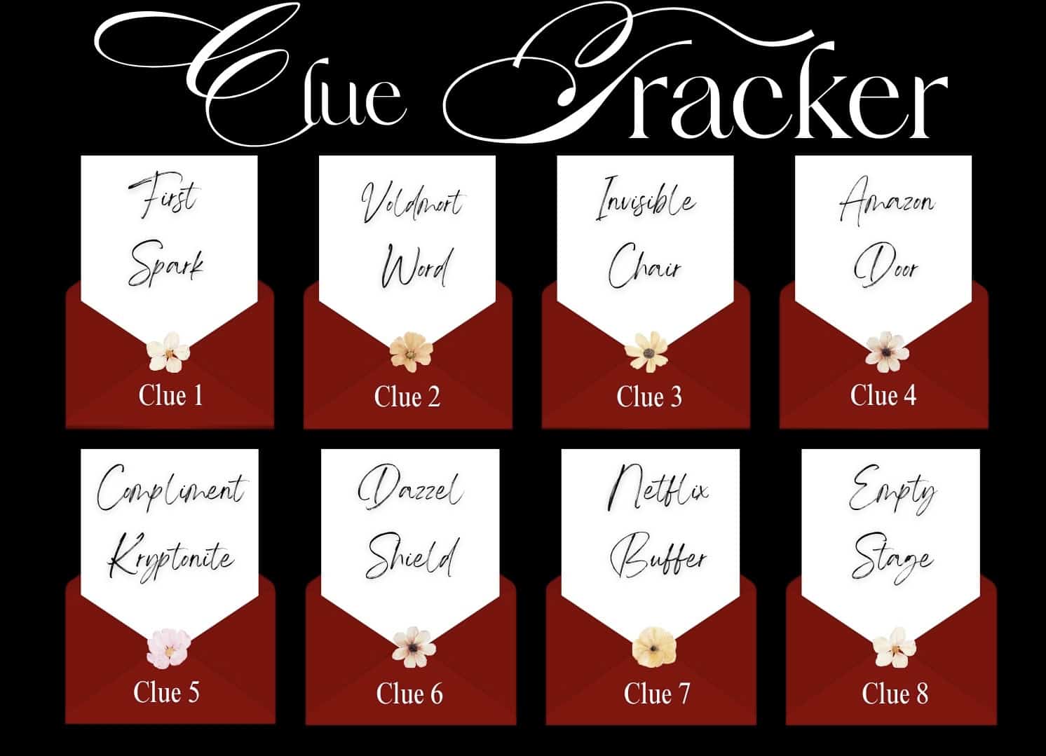 Clue cracker game board with envelope clues for a fun mystery game or escape room scenario.