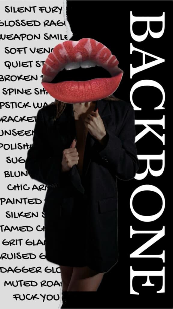 Lips with lipstick covering the face, woman in black blazer, bold text background, edgy fashion style.