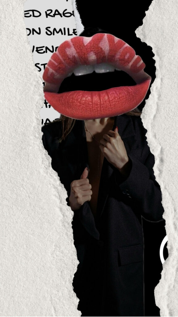 Bright lips with exaggerated lipstick and makeup, creative photo manipulation with torn paper background.
