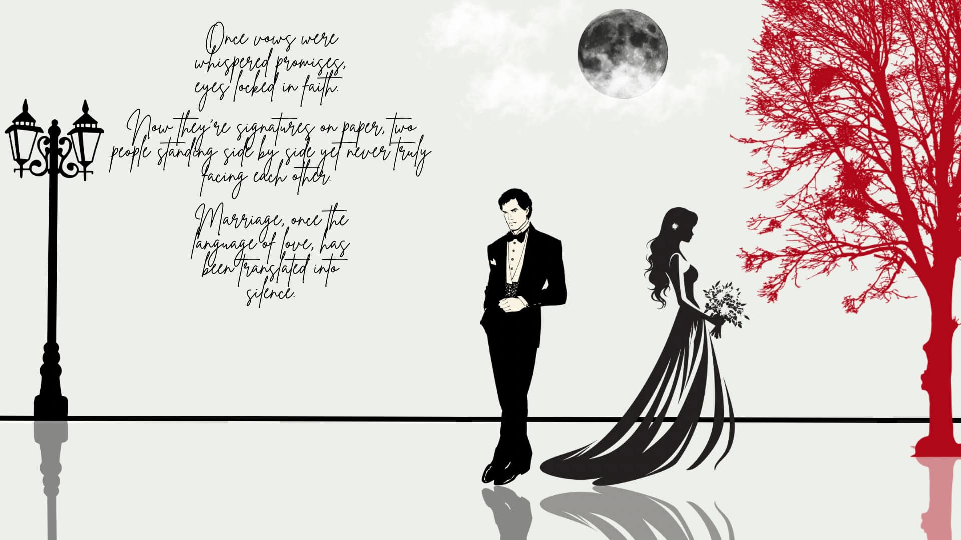 Stylish couple dressed in formal attire walking outdoors with moon and trees, romantic scene illustration.