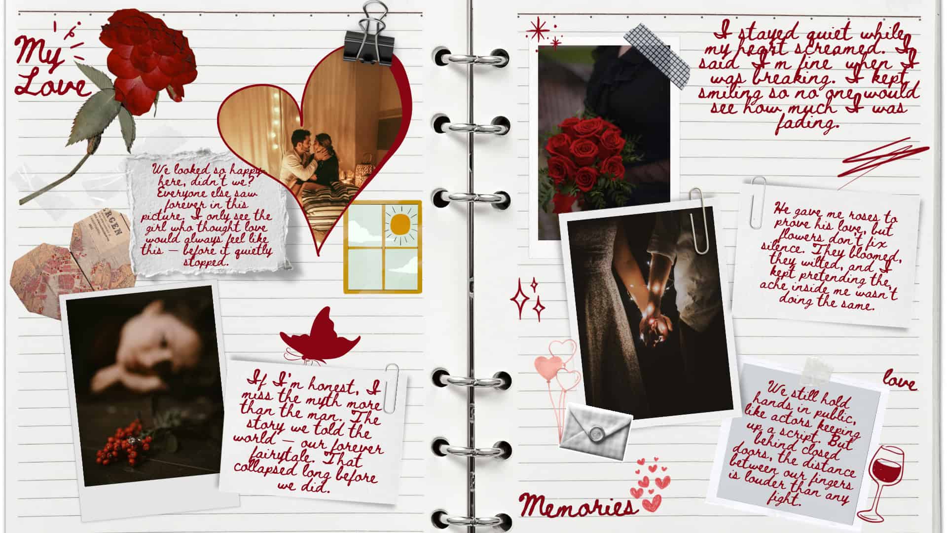 Romantic love story with photos, handwritten notes, roses, and heartfelt memories. Perfect for capturing romantic moments.