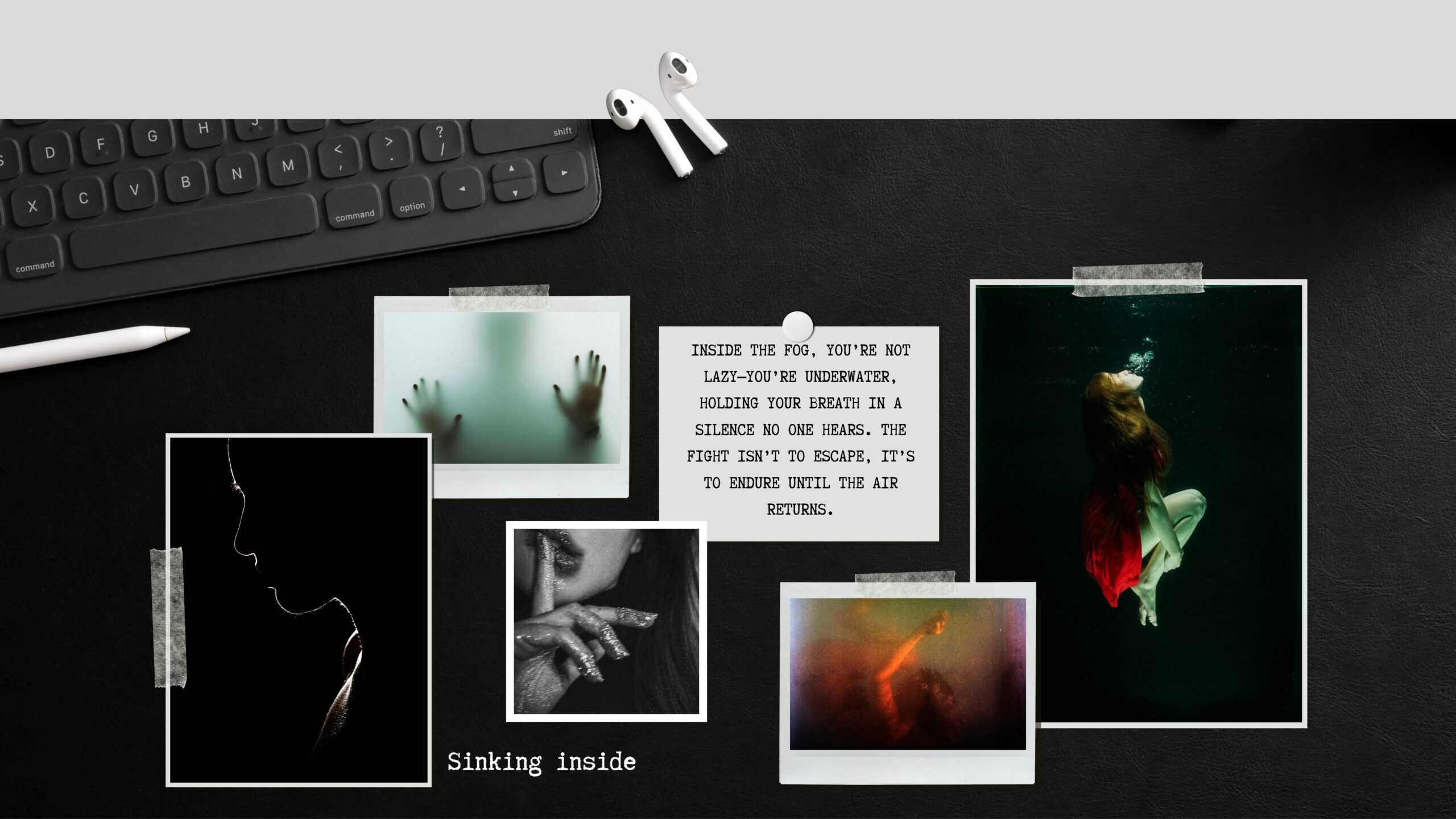 Aesthetic desk scene featuring photos, quotes, and earbuds on black surface for lifestyle blogging.