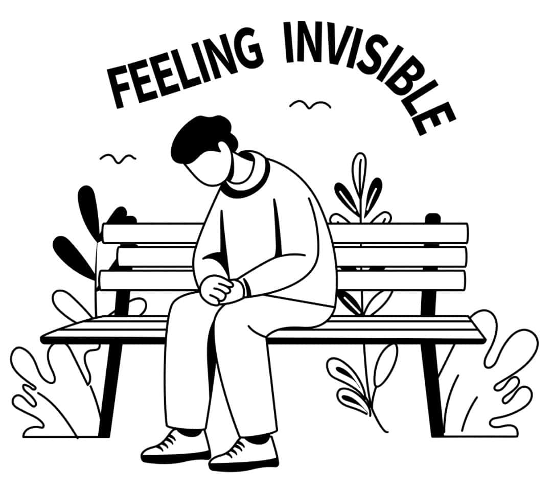 Black and white illustration of a person sitting alone on a park bench, looking down, with the words "Feeling Invisible" above.