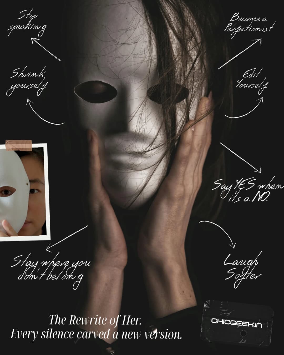 A person wearing a white theatrical mask with handwritten motivational notes around.