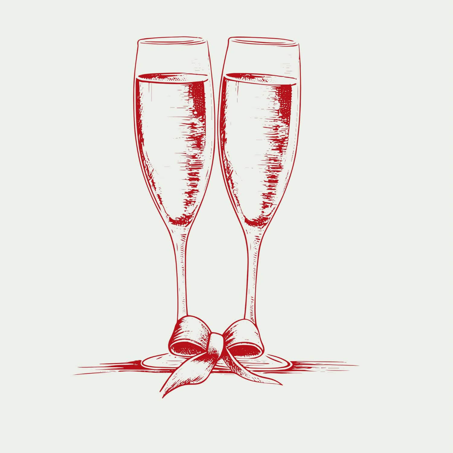 Elegant sketch of two champagne glasses clinking together on a light background.