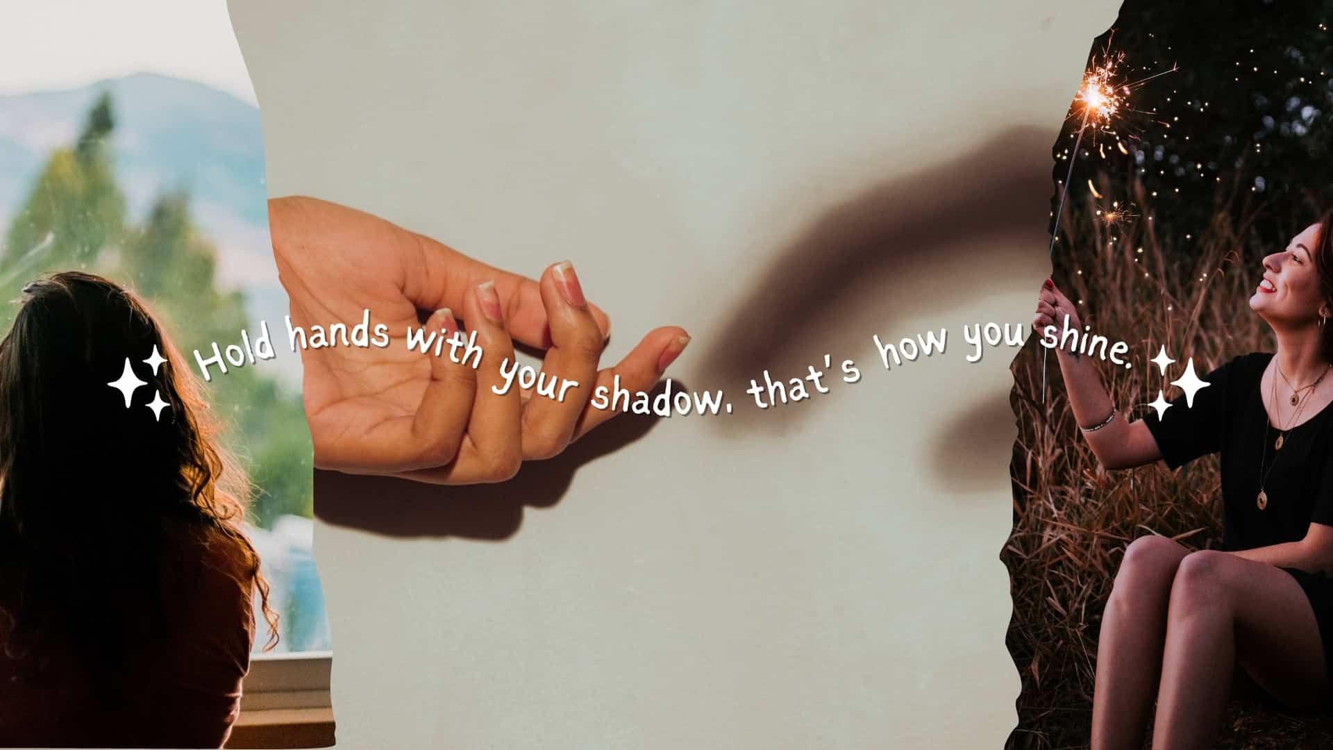 Close-up of hands with shadow art and quote “Hold hands with your shadow, that’s how you shine.”.