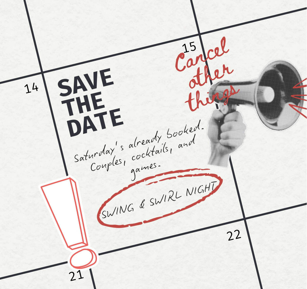 Save the date reminder for a fun swing and swirl night event with cocktails and games.