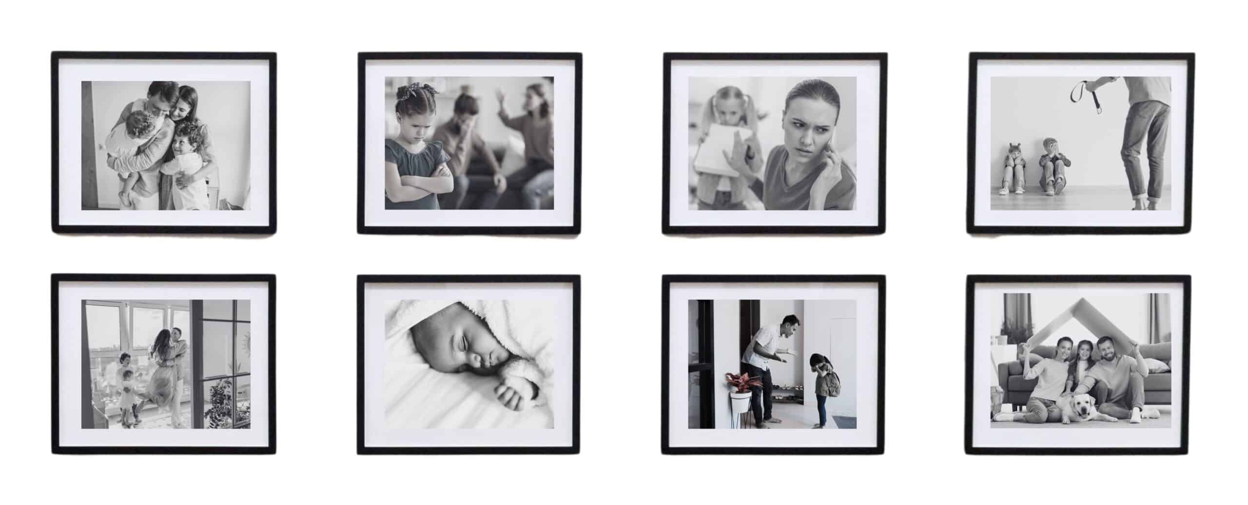 Family and children portrait collage in black and white, capturing everyday moments and emotions.