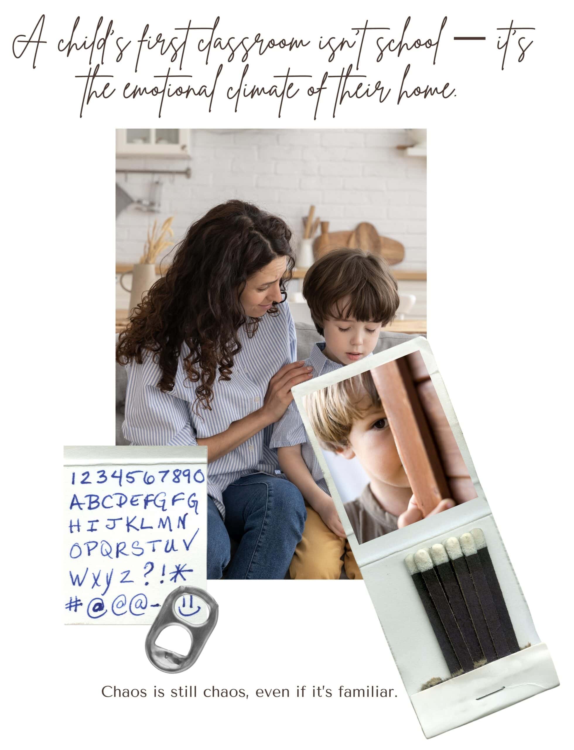 Mother and son reading together in a cozy home setting.