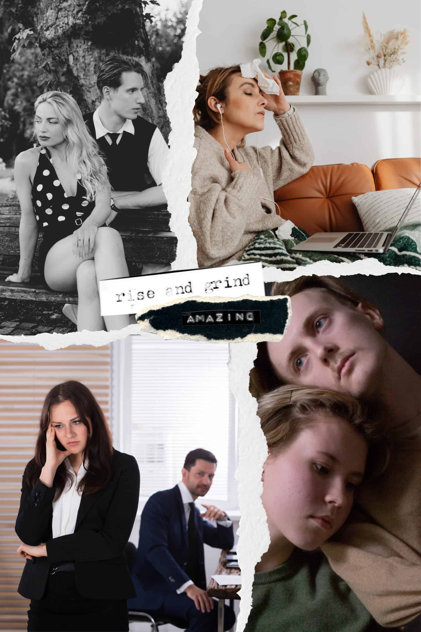 Young woman resting with laptop and earphones, stressed woman at office, thoughtful couple lying together, confident businesswoman, all inspiring hustle energy.