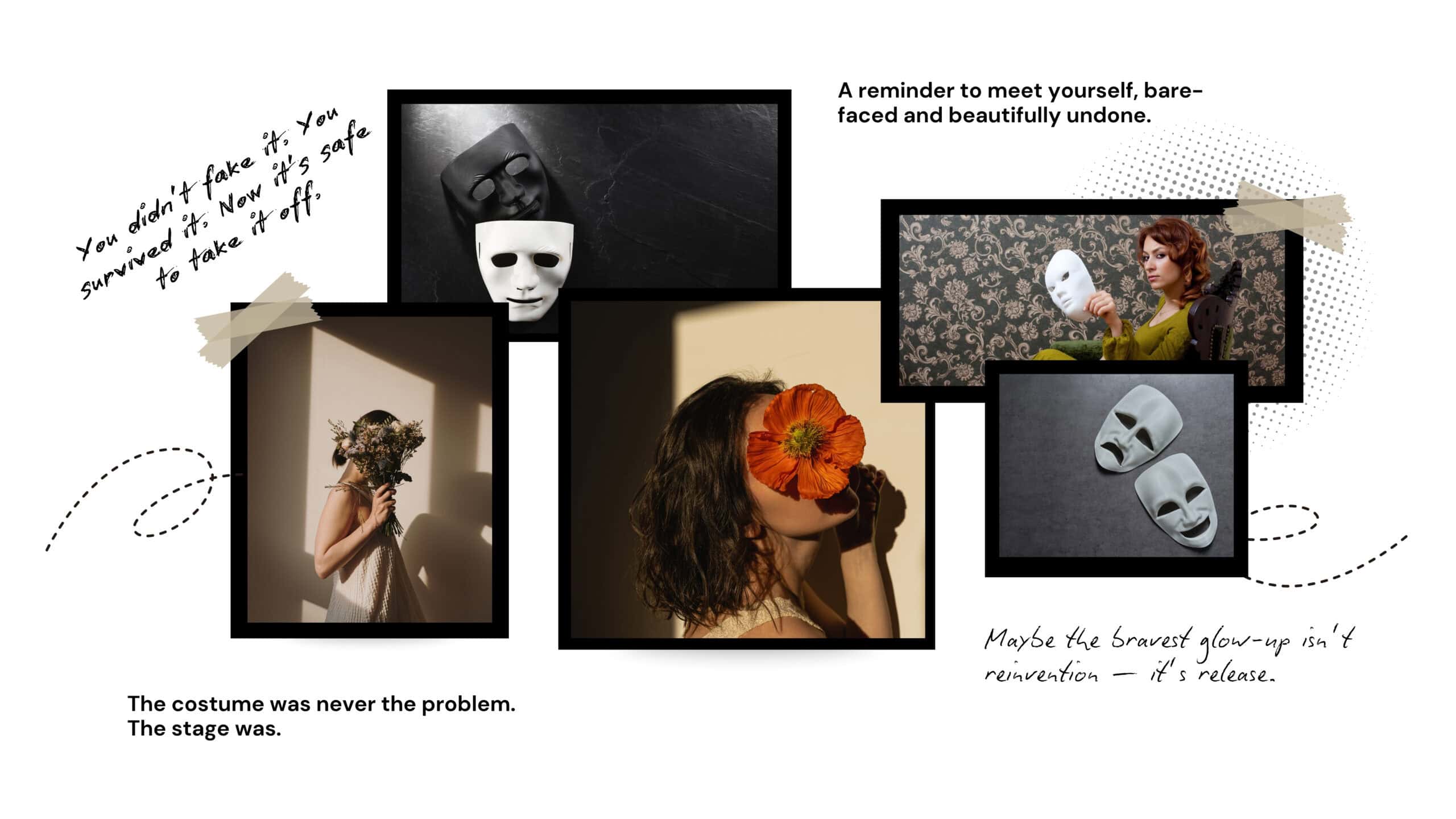 Close-up of theatrical masks and artistic makeup for creative expressions and photography projects.