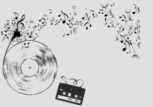 Dandelion with musical notes and cassette tape, music and creative design illustration.