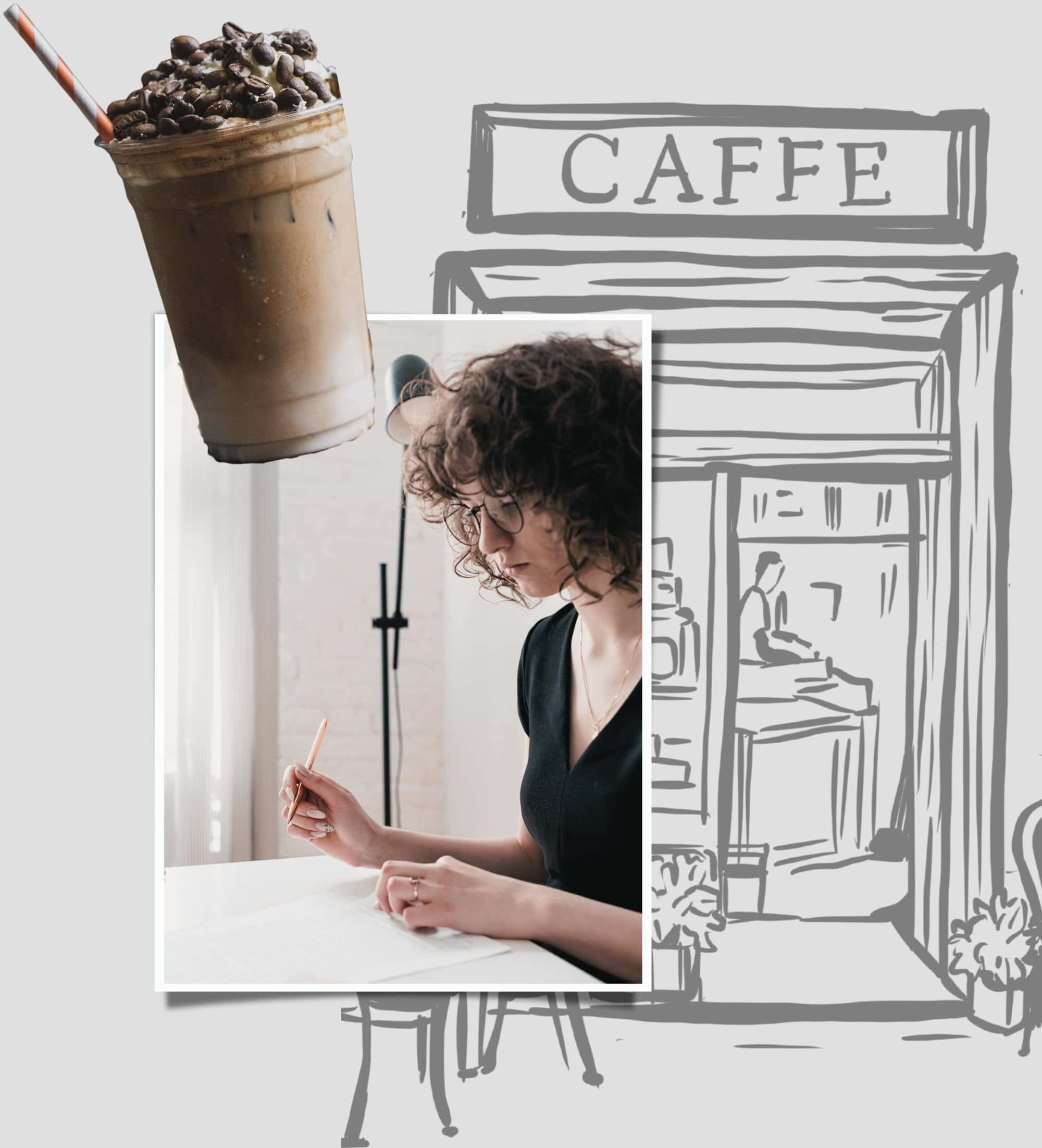 Coffee iced mocha with chocolate toppings, woman writing at cafe, cozy coffee shop ambiance for bloggers.