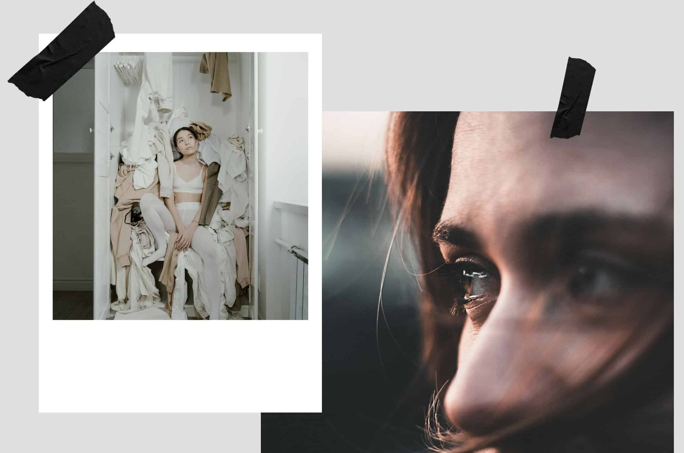 Cluttered laundry room with woman sitting among wrinkled clothes, emphasizing organization and home essentials.
