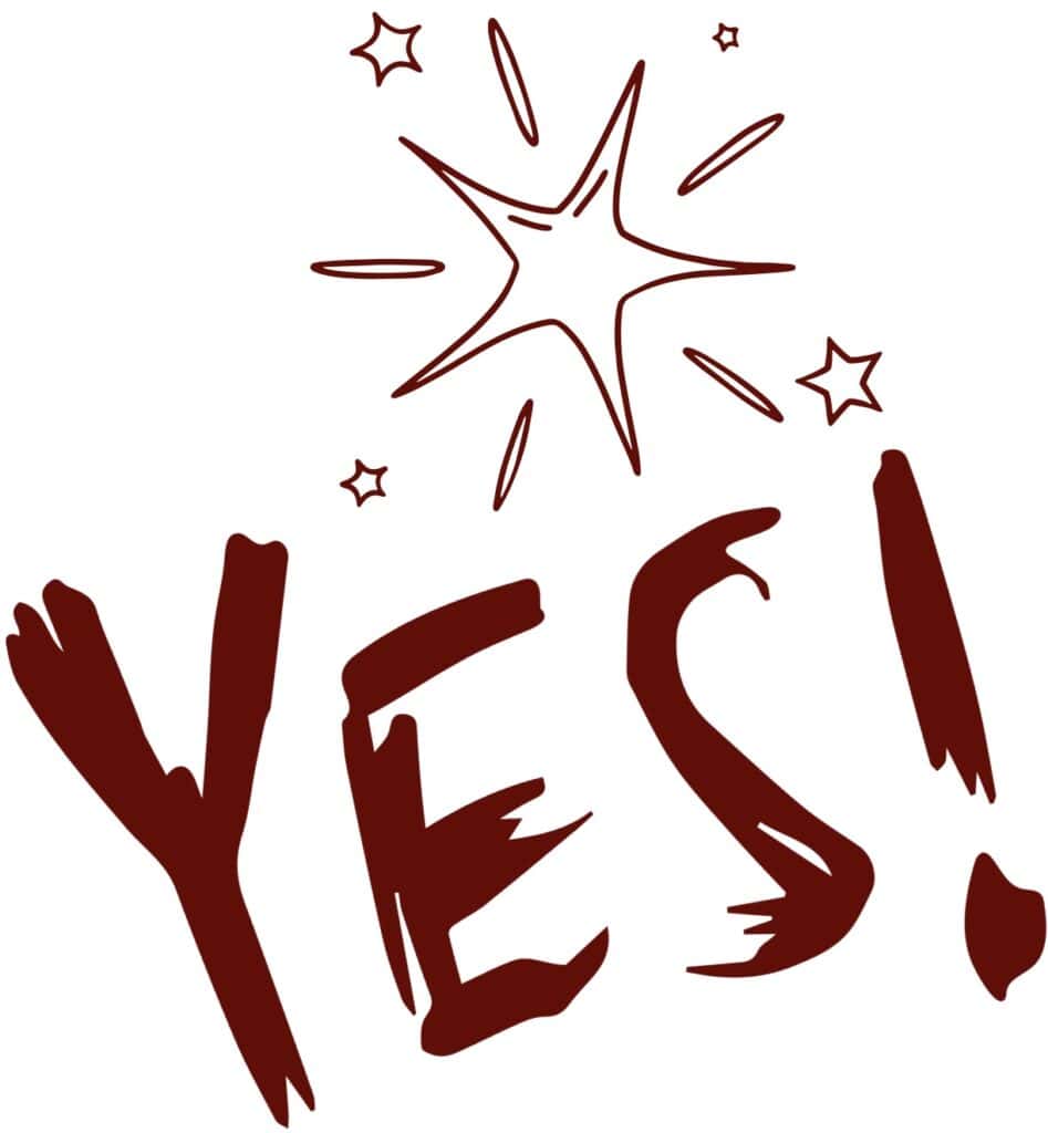 Bright red "YES!" text with starburst and star designs, energetic and celebratory image for positive affirmation.