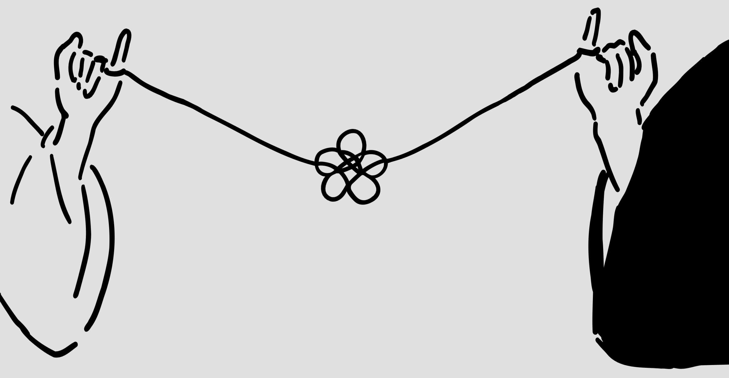 Colorful friendship illustration of two hands holding a tangled string and a knot, symbolizing connection and unity.