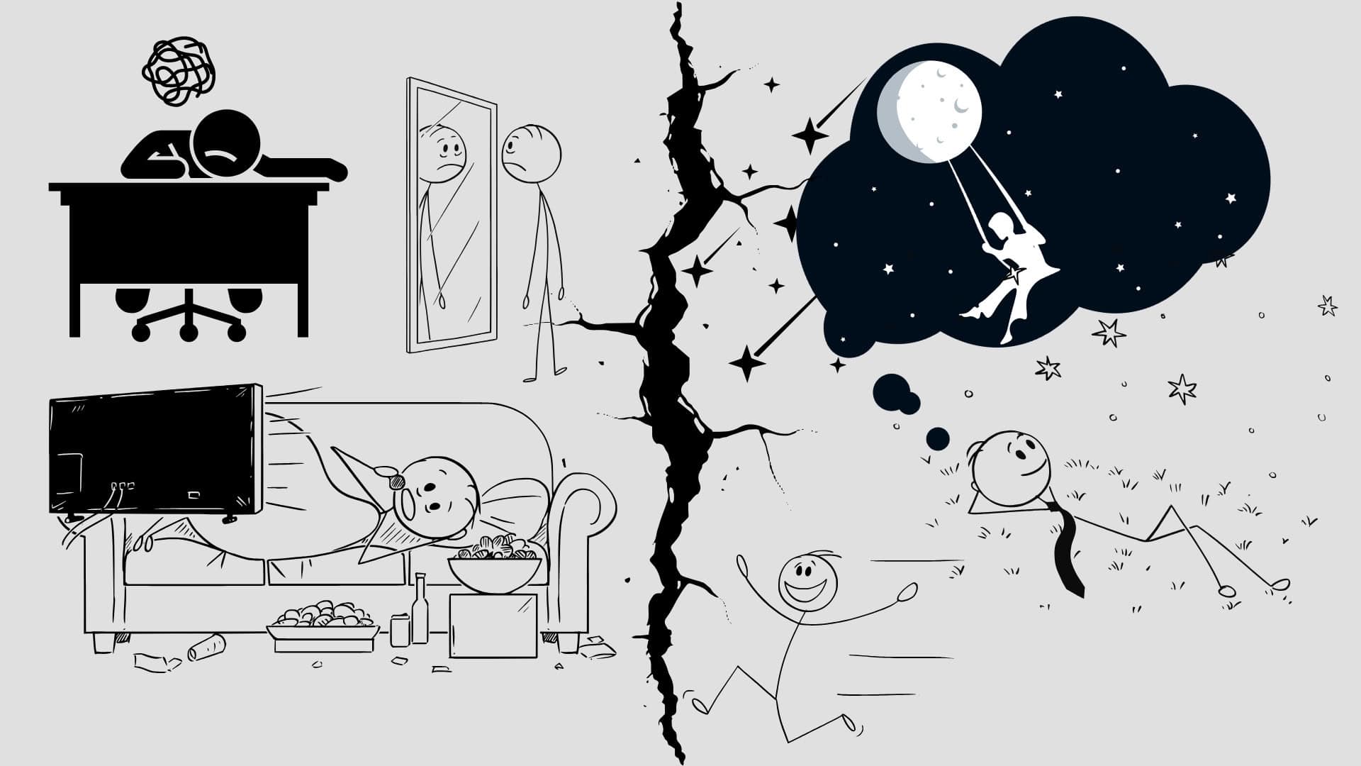 Frustrated person at desk with overwhelmed thoughts, transitioning to joyful dreaming of adventures and happiness.