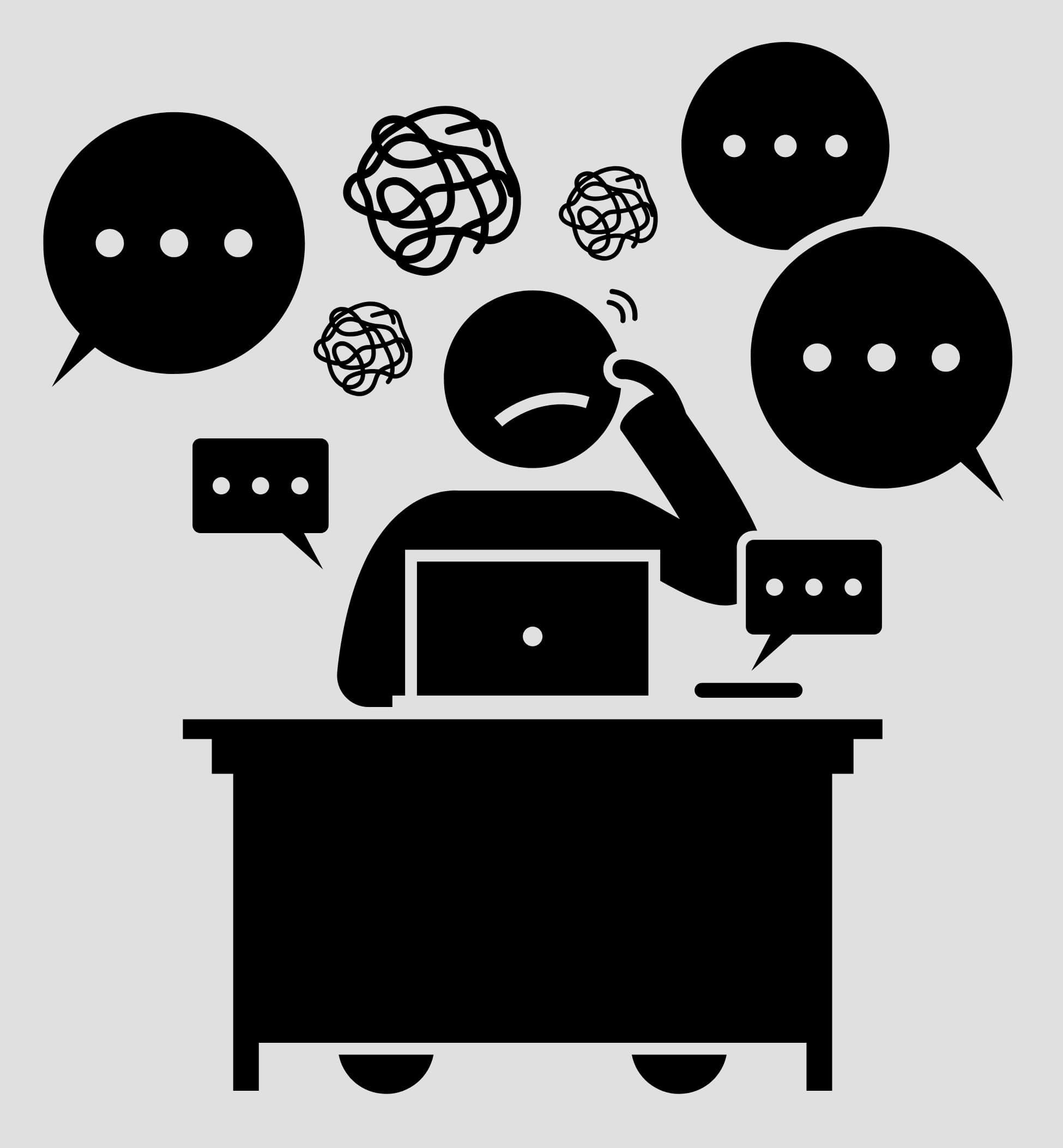 Overwhelmed person with multiple speech bubbles and scribbles representing stress and anxiety.